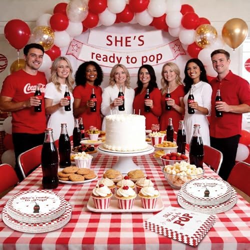 She's Ready to Pop Party Decorations 25 Guests，125 Pcs Baby Shower Paper Plates Napkins Forks Set Tableware，Disposable Red Gingham Paper Plates Set for Camping, Picnic, Baby Shower Party Decoration - Image 7