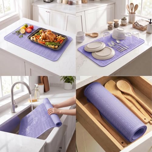 MicoYang Silicone Dish Drying Mat for Multiple Usage,Easy clean,Eco-friendly,Heat-resistant Silicone Mat for Kitchen Counter or Sink,Refrigerator or Drawer Liner Light Purple 4XL 32 inches x 18 inches - Image 4