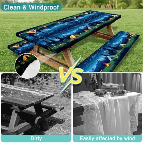 Camping Picnic Table Cover with Bench Covers, Camping Essentials, Forest Campfire Tent Flowers Outdoor Table Covers, Waterproof Windproof, Fitted Tablecloth Cover with Elastic Edge, 3 PCS, 30x72 Inch - Image 6