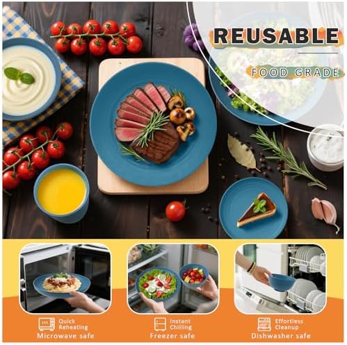 Wheat Straw Dinnerware Sets, 32 PCS Dishes Set for 8, Unbreakable Lightweight Reusable Plates and Bowls Sets for Kitchen Outdoors RV Camping Patio, Dishwasher & Microwave Safe - Blue - Image 6