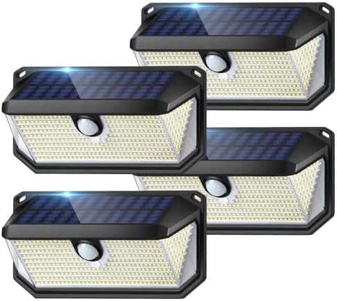 Solar Lights Outdoor Waterproof, 4-Pack Super Bright 388 LEDs Motion Sensor Security Lights with Lights Reflector and 3 Lighting Modes, Waterproof Solar Wall Lights for Patio, Deck, Fence, Garage by Brightever