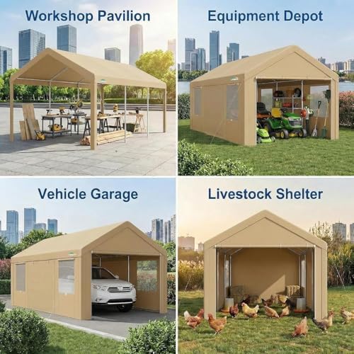 COBIZI 10x20 FT Heavy Duty Carport with Galvanized Frame & Sandbags, Khaki - Image 6