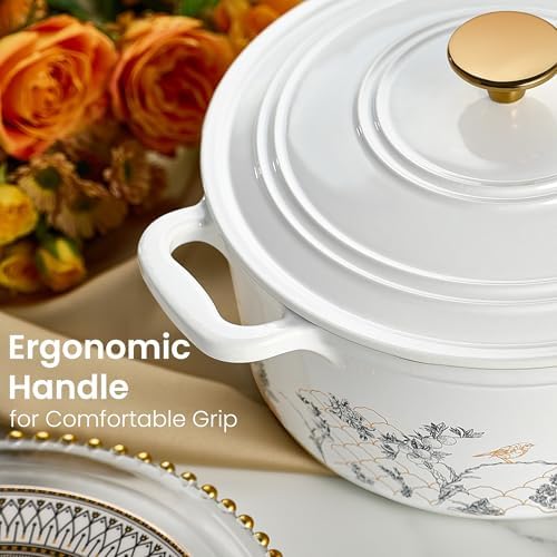 CAROTE Cast Iron Dutch Oven Pot with Lid, 5QT Enameled Floral Dutch Ovens with Gift Box, Cast Iron Pot for Sourdough Bread Baking, Braising, Stews, Roasting, All Stovetop Compatible, Oven Safe, White - Image 5