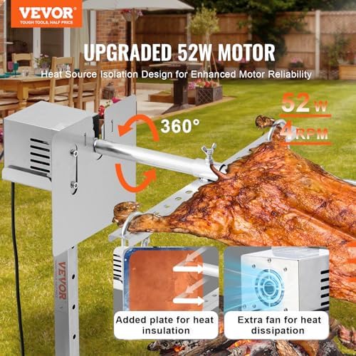 VEVOR Electric BBQ Rotisserie Grill Kit, 56 Inch 130 lbs Capacity, Automatic 52W Motor Height Adjustable Universal Roaster Stand, Stainless Steel Grilling Kit, Spit Rod with Heat Shield for Pig Lamb - Image 2