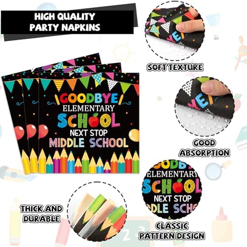 96Pcs Elementary Graduation Party Paper Plates and Napkins Goodbye Elementary School Next Stop Middle School Tableware Set 5th Grade Graduation Plates for Primary Graduate Party Decorations - Image 4