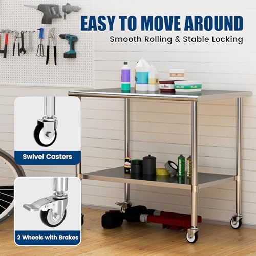 Stainless Steel Work Table with Wheels, 30x48 Inch NSF Kitchen Prep Table with Adjustable Undershelf for Commercial Restaurant, Garage, Outdoor BBQ - Image 6