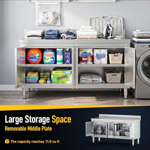 59" Stainless Steel Work Table with Cabinet, 4-Door Storage Cabinet - Image 4