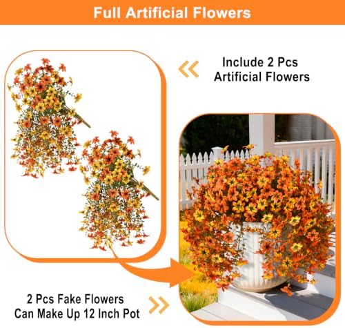 Artificial Hanging Fall Flowers for Outdoors, 2 Pcs Fake Mums Plants - Image 4