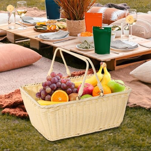 Outdoor PP Woven Picnic Basket Organizer Multipurpose Decor Sturdy Easy to Clean with Handle for Dining Table Home Snack- 40cmx30cmx18cm - Image 3