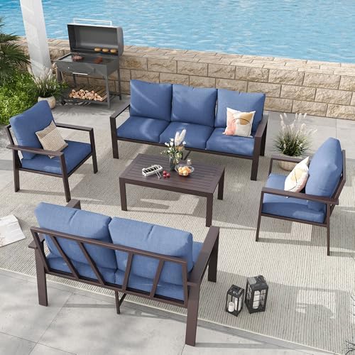 Aluminum Patio Furniture Set 5 Pieces Modern Patio Conversation Sets for Porch, Deck, Garden, 7-Seat Outdoor Furniture Metal Sofa Set with 4" Water-Resistant Cushion & Coffee Table,Navy - Image 2