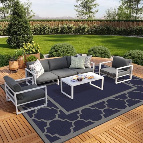 GENIMO Outdoor Rug, Waterproof Plastic Rugs 10'x14' for Camping Blue Grey by GENIMO