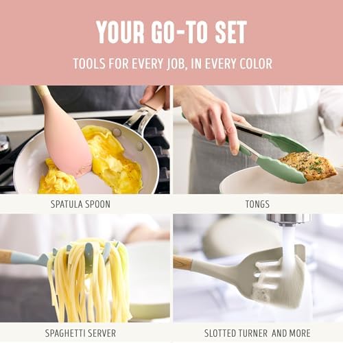GreenLife 11 Piece Silicone Utensil Crock Set, Nonstick Kitchen Tools, Ladle, Turner, Slotted Turner, Spatula, Spoon, Spaghetti Server, Brush, Whisk, Tongs, Crock, Dusty Pink - Image 4