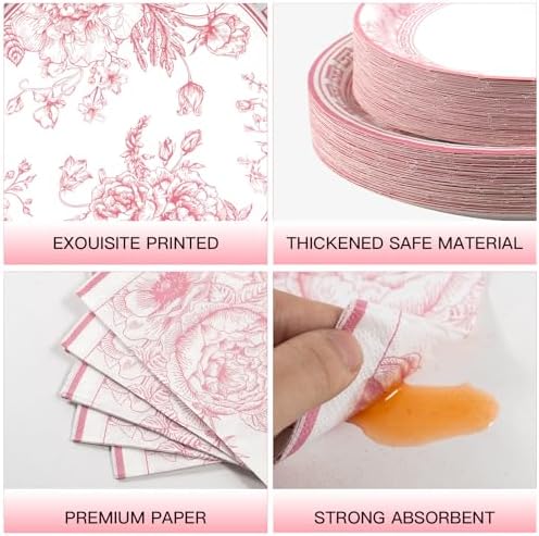 Pink White Floral Paper Plates and Napkins Party Supplies Serve 60 - Image 3