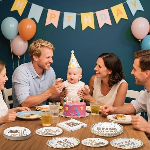 96Pcs Beary One First 1st Year Brown Birthday Party Plates Supplies - Party Tableware Decorations Disposable Paper Plates Napkins Forks for Birthday Gender Reveal Baby Shower, Serves 24 - Image 6