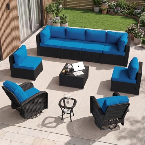 Aoxun 10 Piece Outdoor Patio Furniture Set with Coffee Table, Wicker Rattan Outdoor Furniture with High Back Swivel Rocker Chairs, Outdoor Conversation Set with Thick Cushion & Ottoman, Peacock Blue by Aoxun