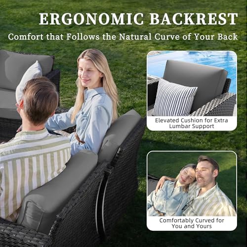 UDPATIO Patio Furniture Set with Fire Pit Table and Swivel Rocking Chairs, 6 Pieces Outdoor Wicker Furniture Set with Waterproof Cover, 4'' Thickened Cushion, Grey - Image 3