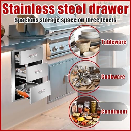 Outdoor Kitchen Triple Layer Drawer 15'' W x 25.4'' H x 19'' D Flush Mount BBQ Access Drawers Stainless Steel BBQ Island Drawers with Handle Suitable for Outdoor Kitchen Island Grill Station - Image 5