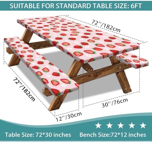 Strawberry Picnic Table Cover with Bench Covers and Bag, Camping Essentials, Berry Waterproof Windproof, Fitted Tablecloth Cover with Elastic Edge for Outdoor Garden 3 PCS 30x72 Inch - Image 3