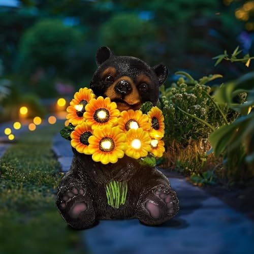 Solar Garden Lights Outdoor Statues Black Bear with Sunflowers - Image 7