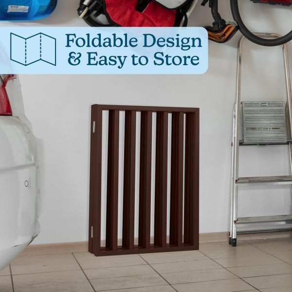 Pet Gate - 4-Panel Indoor Foldable Dog Fence for Stairs, Hallways or Doorways - 72x24-Inch Retractable Wood Freestanding Dog Gates by PETMAKER (Brown) - Image 6