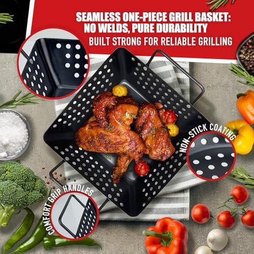 Qetumst Small Non-Stick 3 Piece Grill Basket Set – BBQ Grilling Basket for Vegetables, Seafood & Meat – Heavy Duty Perforated Grill Pan for Charcoal, Gas and Outdoor Grills, Easy to Clean Grilling Accessories - Image 3