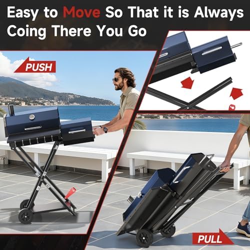 Portable Charcoal Grill with Smoking Function, Foldable Suitcase Design with Wheels, Multi-Tier Storage Rack & Waterproof Cover for Outdoor BBQ Parties (Blue) - Image 3