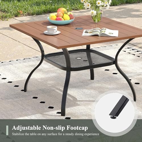 Outdoor Dining Table with Adjustable Umbrella Hole, 37.8" All-Weather Square Patio Dining Table for 4, Metal Patio Table for Garden Lawn Porch Deck Yard, Walnut - Image 7