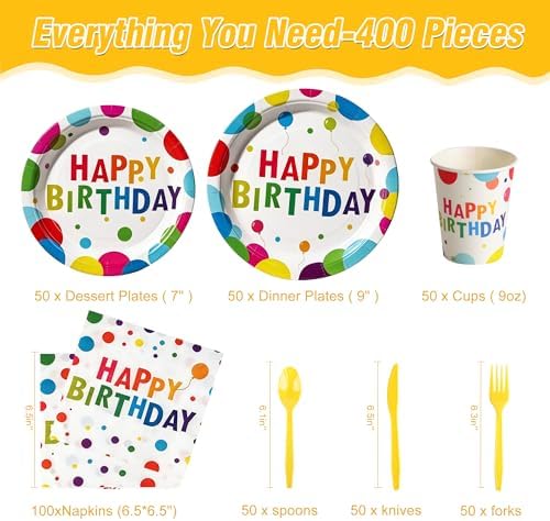 400 Pcs Disposable Birthday Party Tableware Set for 50 Guests - Image 2