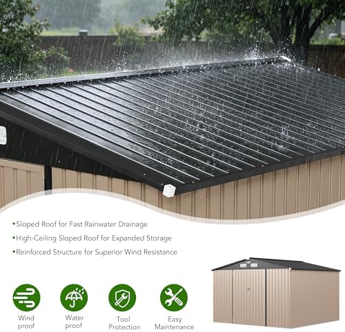 MXV 10 x 10FT Outdoor Storage Shed, Metal Garden Shed with Windows, Double Lockable Doors & Sloped Roof, Magnetic Solar Lamp, Tool Sheds for Backyard Garden Patio Lawn, Brown - Image 5