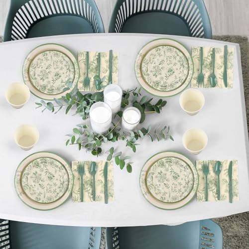 Kochorie 400 Pieces Sage Green Disposable Tableware Sets, Green and White Flower Party Supplies Set with Plates Cups Napkins Cutlery Serves 50 for Wedding Birthday Bridal Shower Party Decorations - Image 5