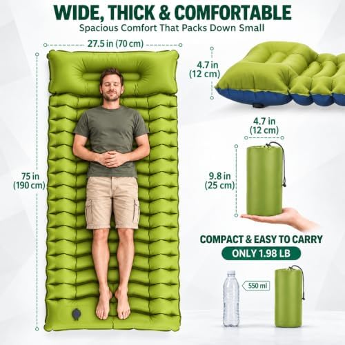 Overmont Ultralight Camping Sleeping Pad with Pillow and Built-in Foot Pump - Image 2