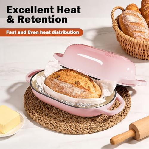 Enameled Cast Iron Sourdough Bread Oven, Dutch Oven for Bread Baking, - incl. Sourdough Bread-Baking Supplies like Banneton Bread-Proofing Basket - 5QT Loaf Cast Iron Bread Pan-Making Kit Pan, Pot, Sour Sough Tools, Lame (Pink) - Image 5