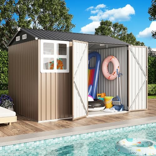 IRONCK 8x6FT Outdoor Storage Shed with Clear Window, Outdoor Shed, Brown by IRONCK