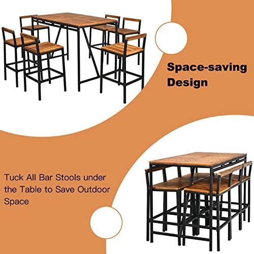 HAPPYGRILL 7 Piece Patio Bar Table Set with Umbrella Hole Acacia Wood High-Dining Bistro Set with 6 Bar Stools, PE Wicker Outdoor Bar Set for Backyard Patio and Poolside - Image 5