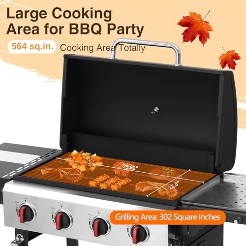 4-Burner Propane Gas Grill with Cast Iron Grates, 38200 BTU output,Foldable Side Shelves for Portable Outdoor Patio Camping, Black (4 burner) - Image 4