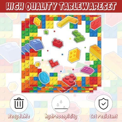 40pcs Building Block Party Supplies,Colorful Building Block Party Decoration Supplies,Used for Building Block Party Decoration,Include 20pcs 7inch dinner plates, 20 Napkin (red) - Image 3