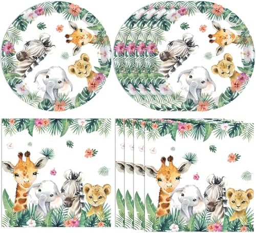 40PCS Safari Birthday Decorations Animal Paper Plates and Napkins by Actoridae