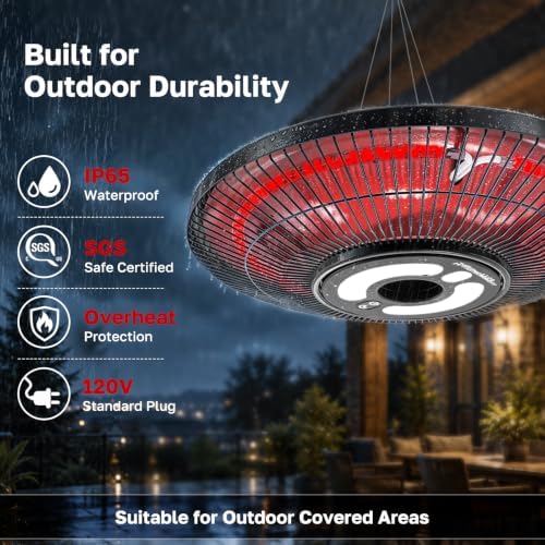 Electric Patio Heater Outdoor, ThermoMate 1500W Infrared Hanging Heater Ceiling Mounted with Chain, IP65 Waterproof Outdoor Heater for Porch, Gazebo, Balcony, Black - Image 7