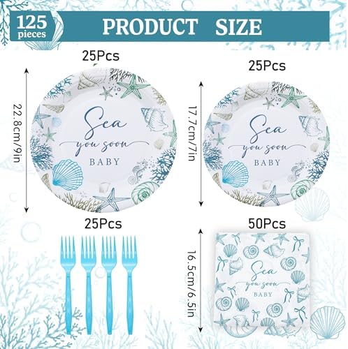 Sea You Soon Baby Shower Party Decorations Under The Sea Party Supplies Ocean Sea Animal Disposable Plates Plates Napkins Fork Seaside Seashell Tableware Set for Summer Birthday Supplies, Serves 25 - Image 2