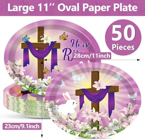 Qyeahkj 50 PCS He is Risen Oval Paper Plates Large 11” Disposable Jesus Cross Easter Party Decorations Spring Lily Floral Supplies Favor for Religion Christ Party Tableware Set - Image 2