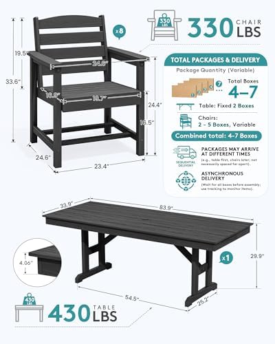 SERWALL 9Pcs 84" HDPE Outdoor Dining Set for 8 with Armchairs,Black - Image 2