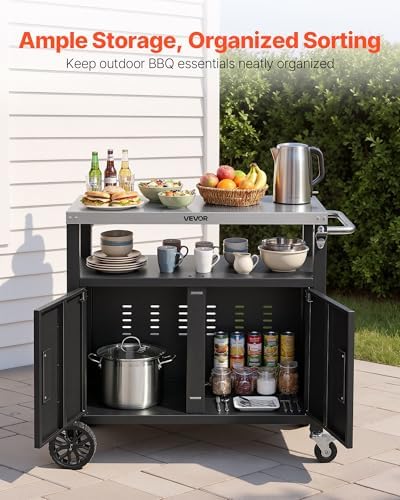 VEVOR Outdoor Grill Cart with Storage Cabinet, 36.4 Inch Grill Table, Waterproof Kitchen Island with Stainless Steel Top, Shelf, and Wheels, Movable Food Prep Station for Patio Bar Backyard BBQ - Image 3