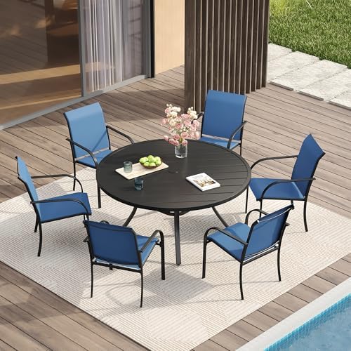VICLLAX 7 Pieces Patio Dining Set, Outdoor Furniture Set Includes 47.2" Round Patio Table and 6 Patio Sling Chairs, Black Tabletop and Blue Fabric by HOME