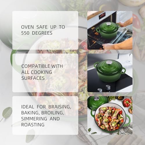 3 Quart Dutch Oven Enameled Cast Iron with Lid - Big Dual Handles - Oven Safe up to 500°F - Classic Round Pot for Versatile Cooking Green - Image 6