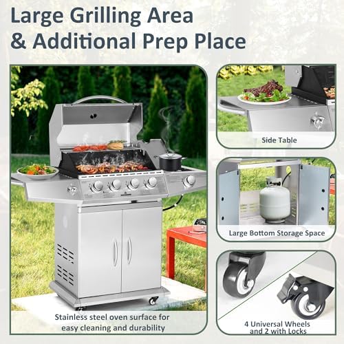 Polar Aurora Propane Gas Grill 4 Burners with Side Burner, Stainless Steel Grill Cart with Wheels for Outdoor Patio Garden Backyard Cooking bbq Grill - Image 6