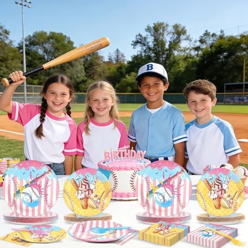 96PCS Ice Cream Drip Baseball Birthday Party Paper Plates and Napkins Set Sport Party Paper Plates Baseball Ice Cream Disposable Tableware Parties Set for Kids Decorations - Image 5