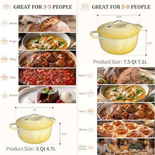 Winado 7.5 Qt Enameled Cast Iron Dutch Oven Pot with Lid, Yellow Ombre - Image 4