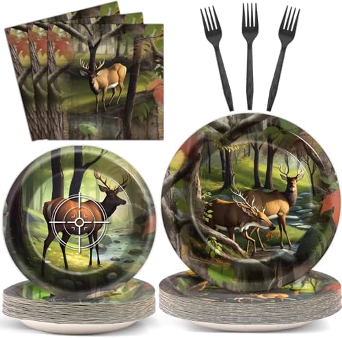 Hunting Camo Party Plates Napkins Deer Hunting Dinnerware Hunter Camo Themed Birthday Party Tableware Set Disposable Forks Dessert Supplies for Outdoor Tournament Events Family Picnic Decors Serves 24 by Naozinebi