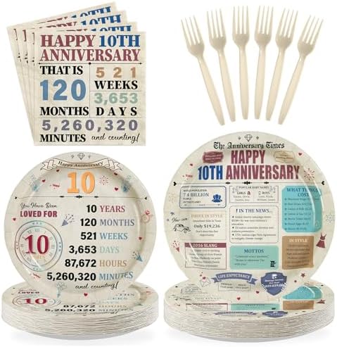 96Pcs Retro 10th Anniversary Party Decorations, Serves 24 by Greencian