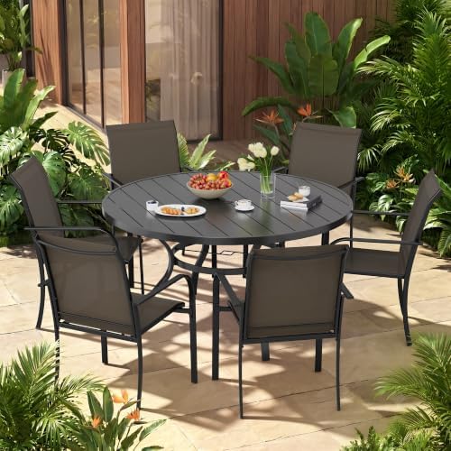 Incbruce 7 PCS Patio Dining Set, Outdoor Dining Set of 6 Textilene Chairs and 53" Round Table with Umbrella Hole for Backyard, Garden, and Poolside (Brown) - Image 2